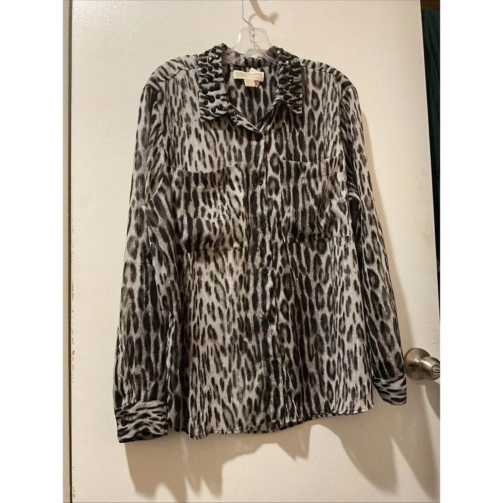 Michael Kors Women blouses Animal Print Long Sleeves Pockets Black Rhinestones